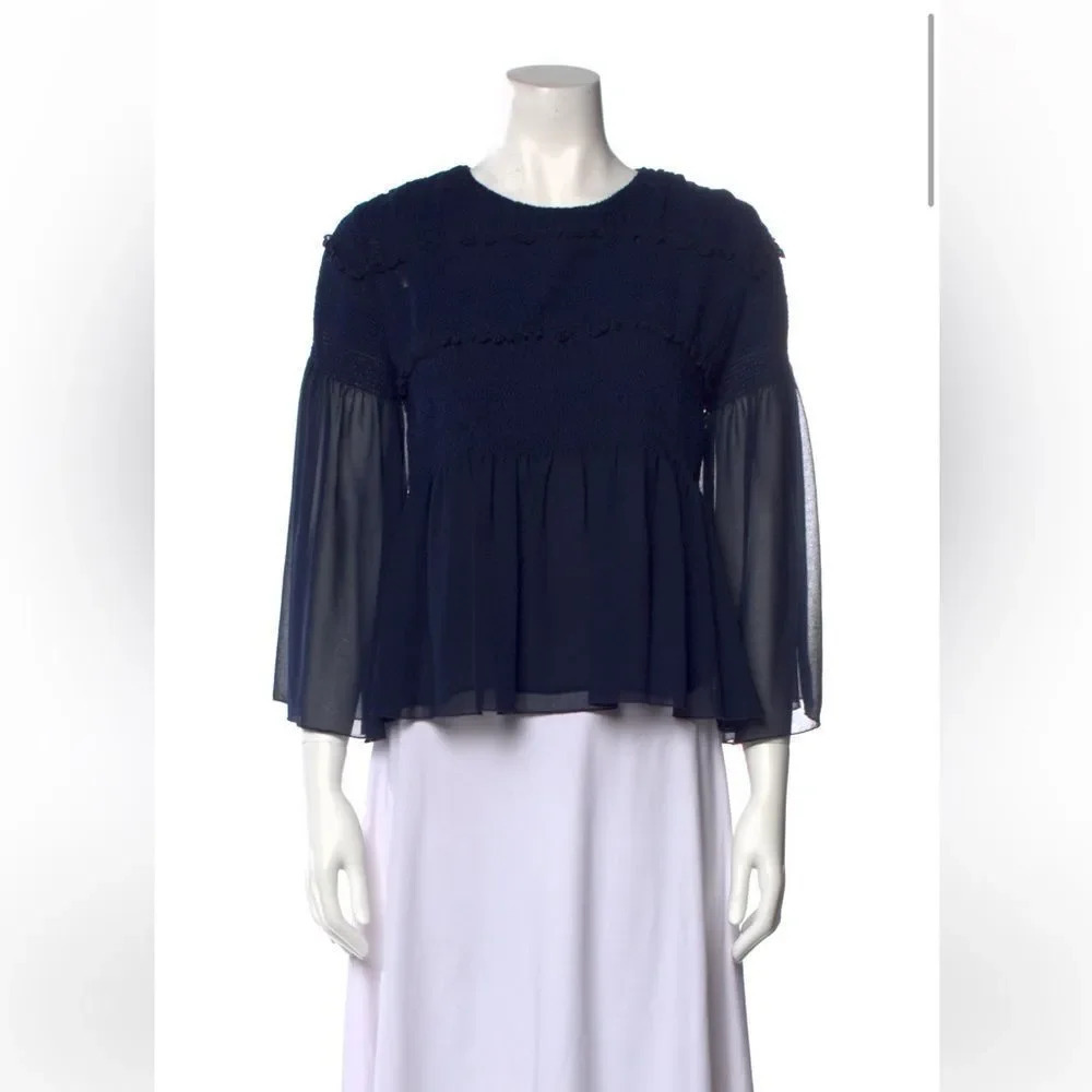 See by Chloe Navy Peplum top 3/4 sleeve top medium/sz 38 EUC - Picture 2 of 10